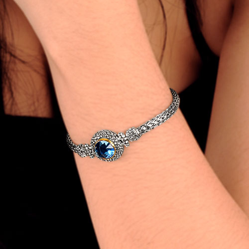 Gold & Silver bracelet, scale dragon chain round 6mm, spring lock with 18K gold hammer motif and white topaz pave stones