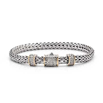  Gold & Silver bracelet, dragon bone motif, tulang naga oval 4x6 with spring lock, white topaz pave setting
