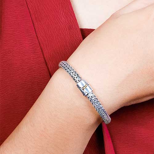 Gold & Silver bracelet, scale dragon chain round 6mm, spring lock with 18K gold hammer motif and white topaz pave stones