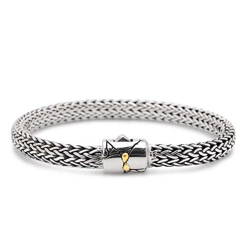 Gold & Silver bracelet, scale dragon chain round 6mm, spring lock with 18K gold hammer motif and white topaz pave stones