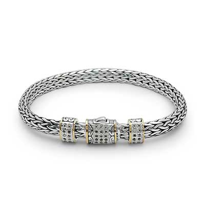 Gold & Silver bracelet, scale dragon chain round 6mm, spring lock with 18K gold hammer motif and white topaz pave stones