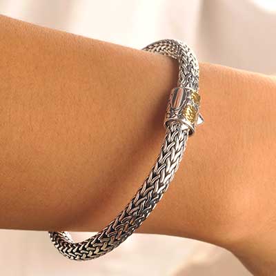 Gold & Silver bracelet, scale dragon chain round 6mm, spring lock with 18K gold hammer motif and white topaz pave stones