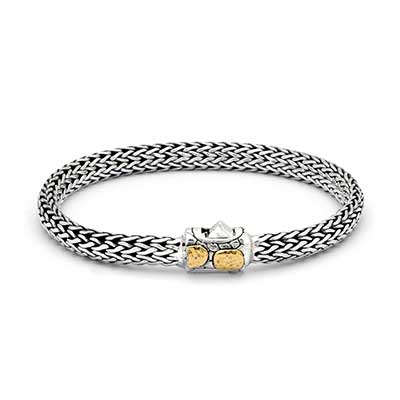 Gold & Silver bracelet, scale dragon chain round 6mm, spring lock with 18K gold hammer motif and white topaz pave stones