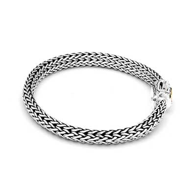 Gold & Silver bracelet, scale dragon chain round 6mm, spring lock with 18K gold hammer motif and white topaz pave stones