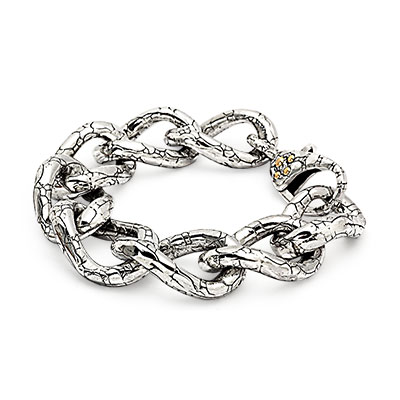 Gold & Silver bracelet, scale dragon chain round 6mm, spring lock with 18K gold hammer motif and white topaz pave stones