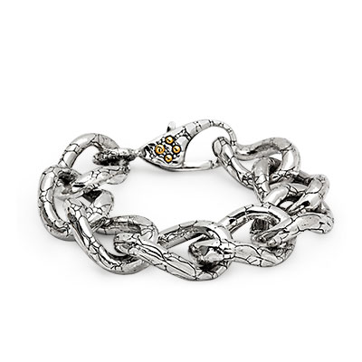 Gold & Silver bracelet, scale dragon chain round 6mm, spring lock with 18K gold hammer motif and white topaz pave stones