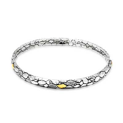 Gold & Silver bracelet, scale dragon chain round 6mm, spring lock with 18K gold hammer motif and white topaz pave stones