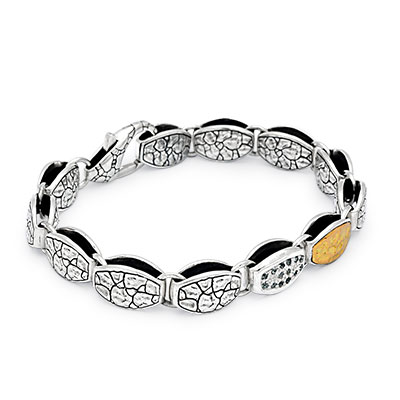 Gold & Silver bracelet, scale dragon chain round 6mm, spring lock with 18K gold hammer motif and white topaz pave stones