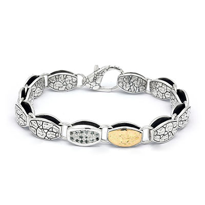 Gold & Silver bracelet, scale dragon chain round 6mm, spring lock with 18K gold hammer motif and white topaz pave stones