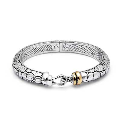 Gold & Silver bracelet, scale dragon chain round 6mm, spring lock with 18K gold hammer motif and white topaz pave stones
