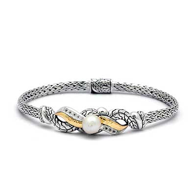 Gold & Silver bracelet, scale dragon chain round 6mm, spring lock with 18K gold hammer motif and white topaz pave stones