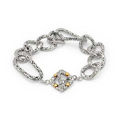 Gold & Silver bracelet, scale dragon chain round 6mm, spring lock with 18K gold hammer motif and white topaz pave stones