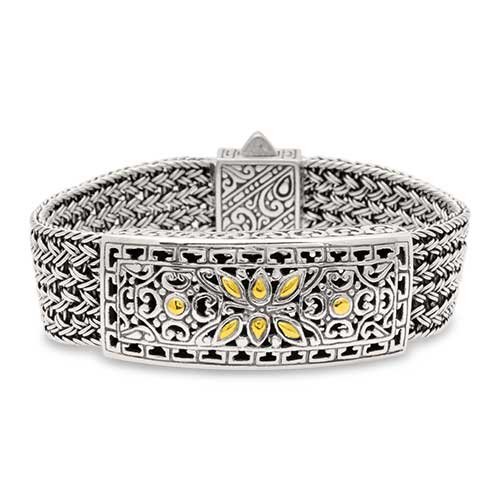 Gold & Silver bracelet, scale dragon chain round 6mm, spring lock with 18K gold hammer motif and white topaz pave stones