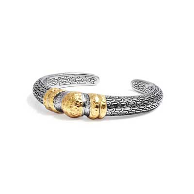 Gold & Silver bracelet, scale dragon chain round 6mm, spring lock with 18K gold hammer motif and white topaz pave stones