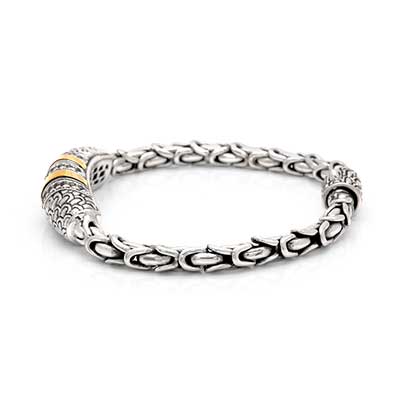 Gold & Silver bracelet, scale dragon chain round 6mm, spring lock with 18K gold hammer motif and white topaz pave stones