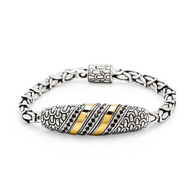 Gold & Silver bracelet, scale dragon chain round 6mm, spring lock with 18K gold hammer motif and white topaz pave stones