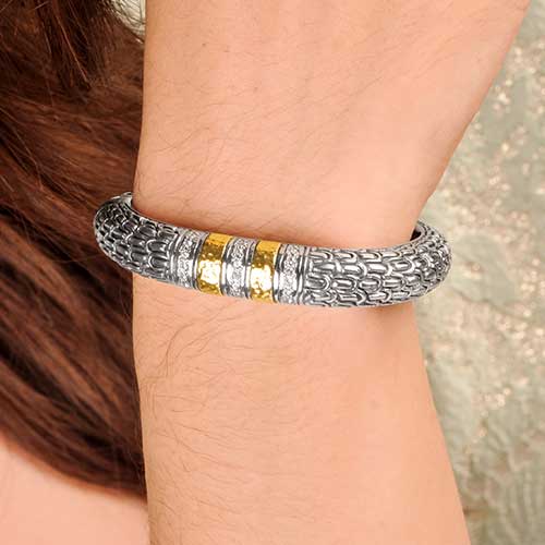 Gold & Silver bracelet, scale dragon chain round 6mm, spring lock with 18K gold hammer motif and white topaz pave stones