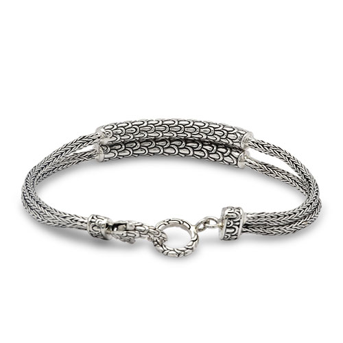 Gold & Silver bracelet, scale dragon chain round 6mm, spring lock with 18K gold hammer motif and white topaz pave stones