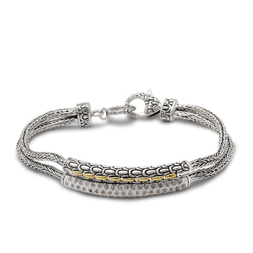 Gold & Silver bracelet, scale dragon chain round 6mm, spring lock with 18K gold hammer motif and white topaz pave stones