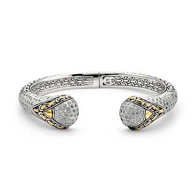 Gold & Silver bracelet, scale dragon chain round 6mm, spring lock with 18K gold hammer motif and white topaz pave stones