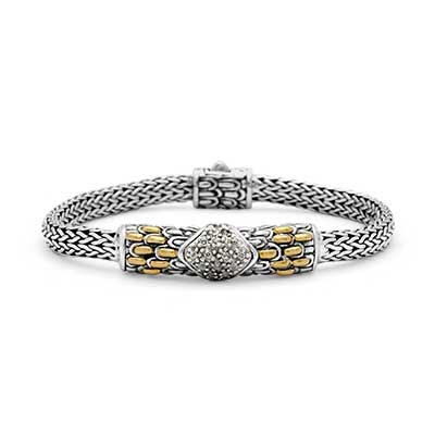 Gold & Silver bracelet, scale dragon chain round 6mm, spring lock with 18K gold hammer motif and white topaz pave stones