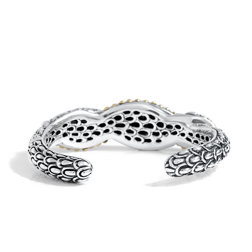 Gold & Silver bracelet, scale dragon chain round 6mm, spring lock with 18K gold hammer motif and white topaz pave stones