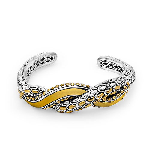 Gold & Silver bracelet, scale dragon chain round 6mm, spring lock with 18K gold hammer motif and white topaz pave stones