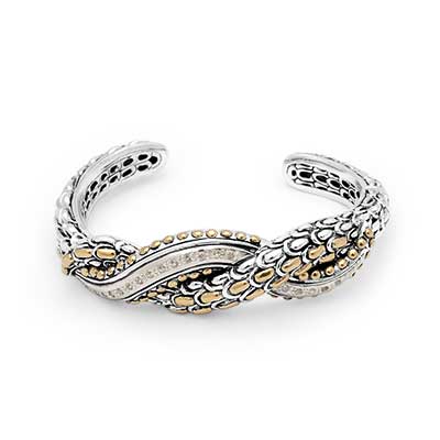 Gold & Silver bracelet, scale dragon chain round 6mm, spring lock with 18K gold hammer motif and white topaz pave stones