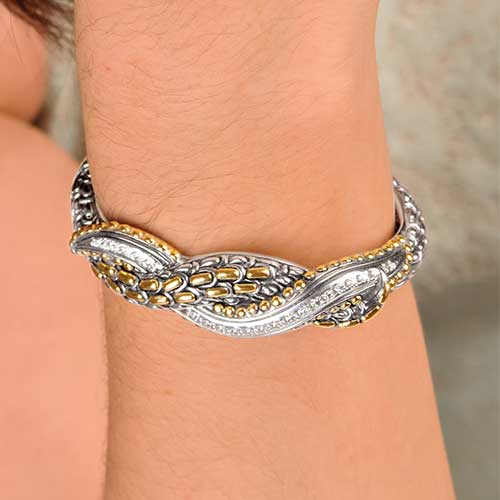 Gold & Silver bracelet, scale dragon chain round 6mm, spring lock with 18K gold hammer motif and white topaz pave stones