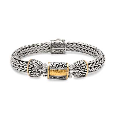 Gold & Silver bracelet, scale dragon chain round 6mm, spring lock with 18K gold hammer motif and white topaz pave stones