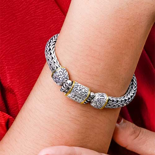 Gold & Silver bracelet, scale dragon chain round 6mm, spring lock with 18K gold hammer motif and white topaz pave stones