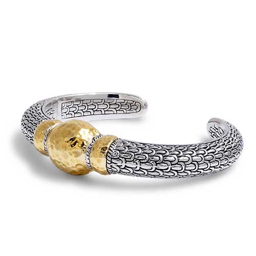 Gold & Silver bracelet, scale dragon chain round 6mm, spring lock with 18K gold hammer motif and white topaz pave stones