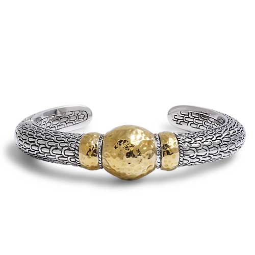 Gold & Silver bracelet, scale dragon chain round 6mm, spring lock with 18K gold hammer motif and white topaz pave stones
