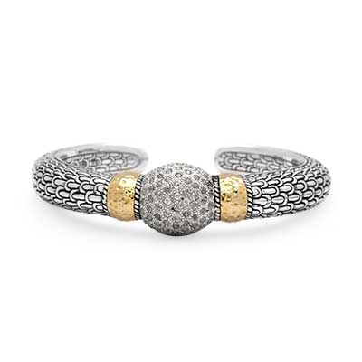 Gold & Silver bracelet, scale dragon chain round 6mm, spring lock with 18K gold hammer motif and white topaz pave stones