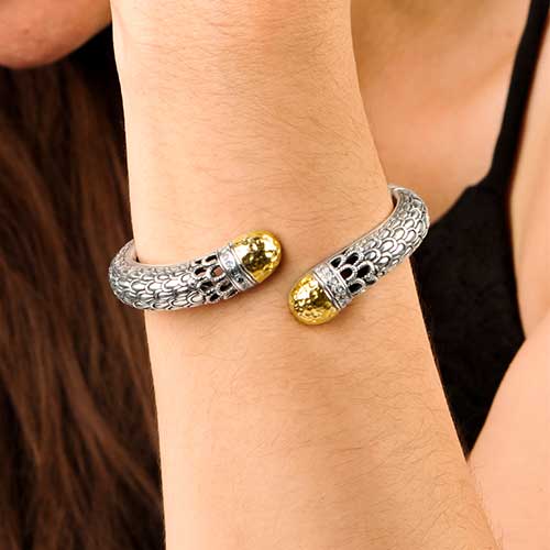 Gold & Silver kick cuff bracelet, white topaz pave, sisik naga collection