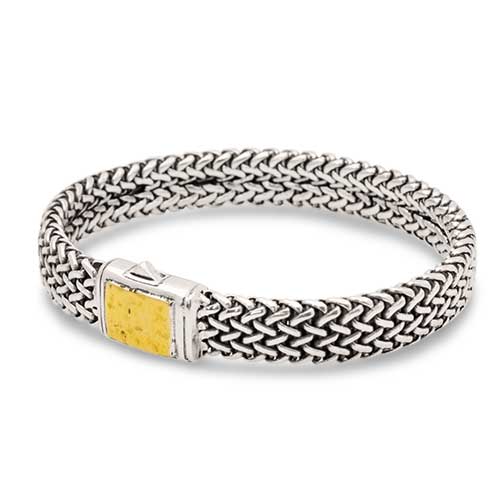 Gold & Silver bracelet, scale dragon chain round 6mm, spring lock with 18K gold hammer motif and white topaz pave stones