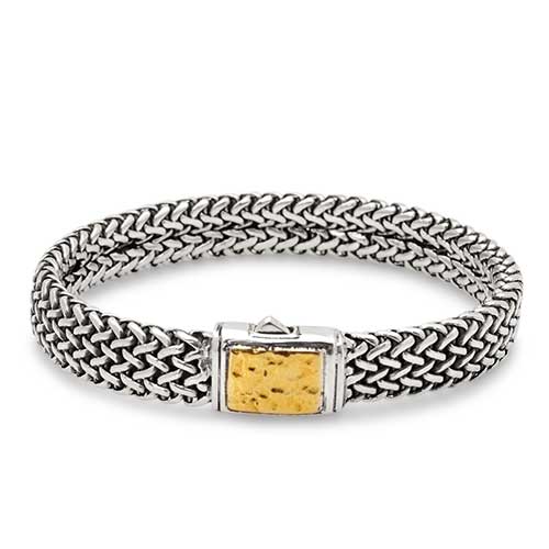 Gold & Silver bracelet, scale dragon chain round 6mm, spring lock with 18K gold hammer motif and white topaz pave stones