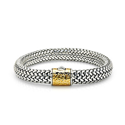 Gold & Silver bracelet, scale dragon chain round 6mm, spring lock with 18K gold hammer motif and white topaz pave stones