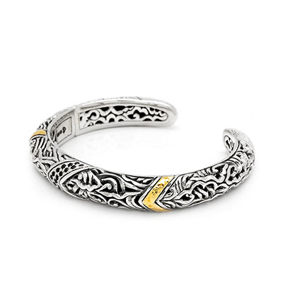 Gold & Silver bracelet, scale dragon chain round 6mm, spring lock with 18K gold hammer motif and white topaz pave stones