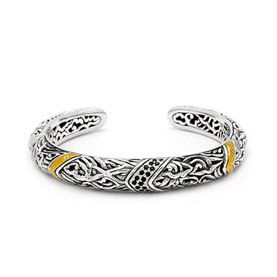 Gold & Silver bracelet, scale dragon chain round 6mm, spring lock with 18K gold hammer motif and white topaz pave stones