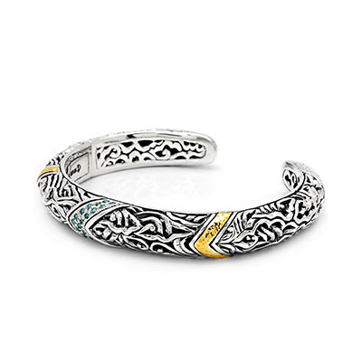 Gold & Silver bracelet, scale dragon chain round 6mm, spring lock with 18K gold hammer motif and white topaz pave stones