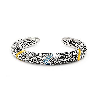 Gold & Silver bracelet, scale dragon chain round 6mm, spring lock with 18K gold hammer motif and white topaz pave stones