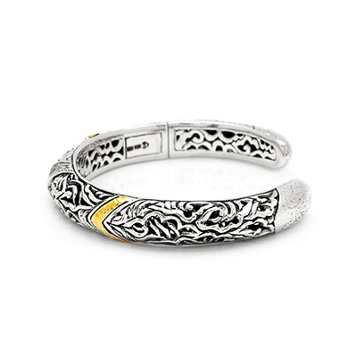 Gold & Silver bracelet, scale dragon chain round 6mm, spring lock with 18K gold hammer motif and white topaz pave stones