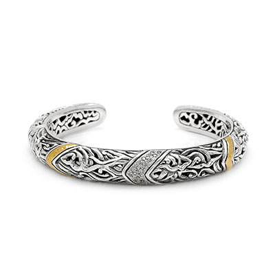 Gold & Silver bracelet, scale dragon chain round 6mm, spring lock with 18K gold hammer motif and white topaz pave stones