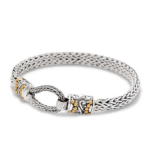 Gold & Silver bracelet, scale dragon chain round 6mm, spring lock with 18K gold hammer motif and white topaz pave stones