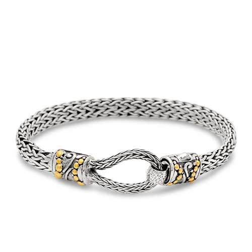 Gold & Silver bracelet, scale dragon chain round 6mm, spring lock with 18K gold hammer motif and white topaz pave stones