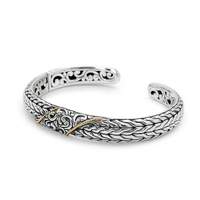 Gold & Silver bracelet, scale dragon chain round 6mm, spring lock with 18K gold hammer motif and white topaz pave stones