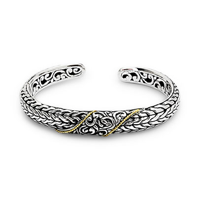 Gold & Silver bracelet, scale dragon chain round 6mm, spring lock with 18K gold hammer motif and white topaz pave stones