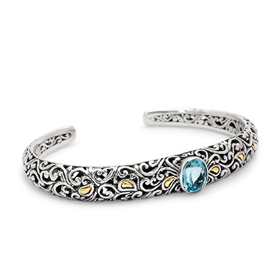Gold & Silver bracelet, scale dragon chain round 6mm, spring lock with 18K gold hammer motif and white topaz pave stones