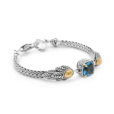 Gold & Silver bracelet, scale dragon chain round 6mm, spring lock with 18K gold hammer motif and white topaz pave stones